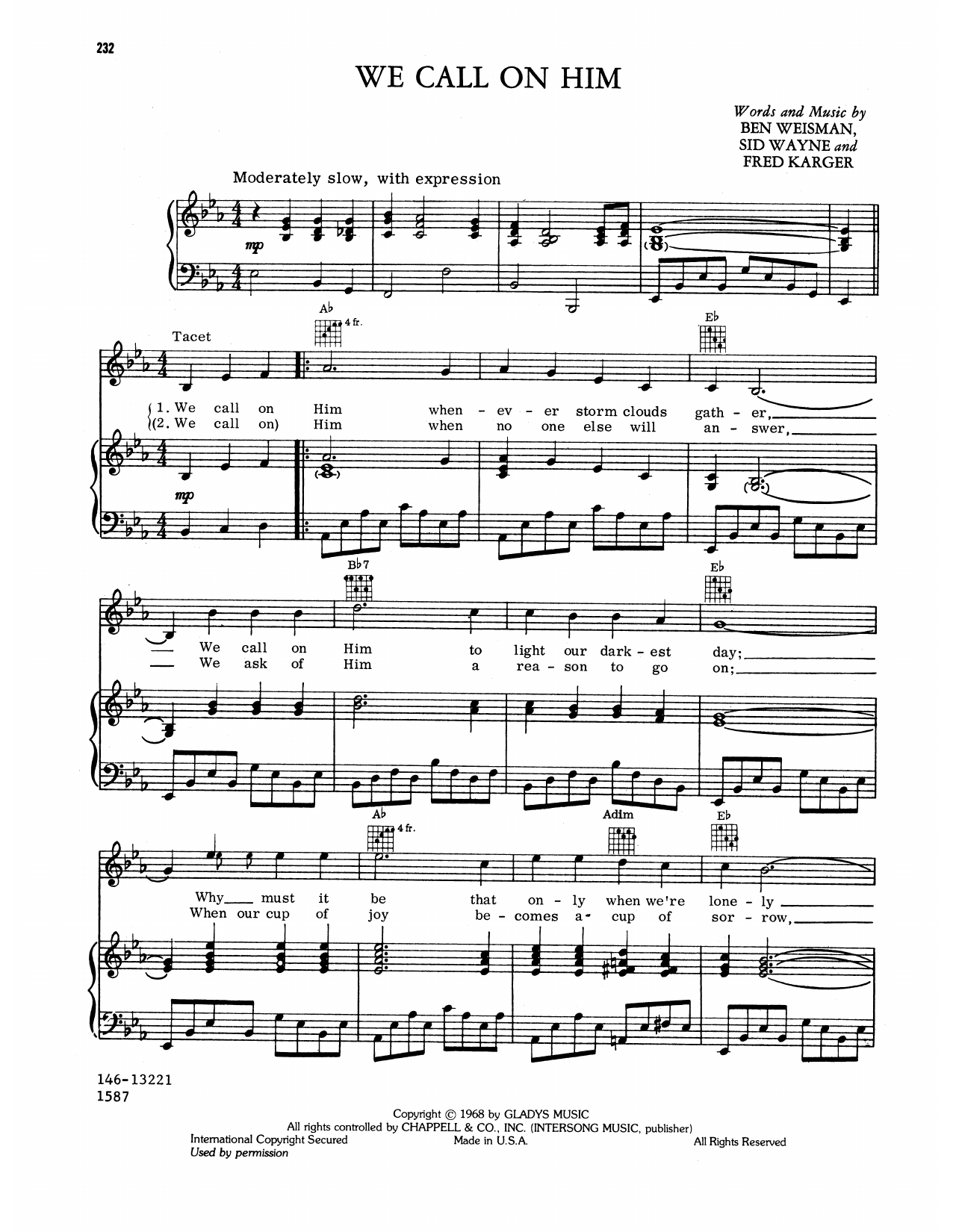 Download Elvis Presley We Call On Him Sheet Music and learn how to play Piano, Vocal & Guitar Chords (Right-Hand Melody) PDF digital score in minutes