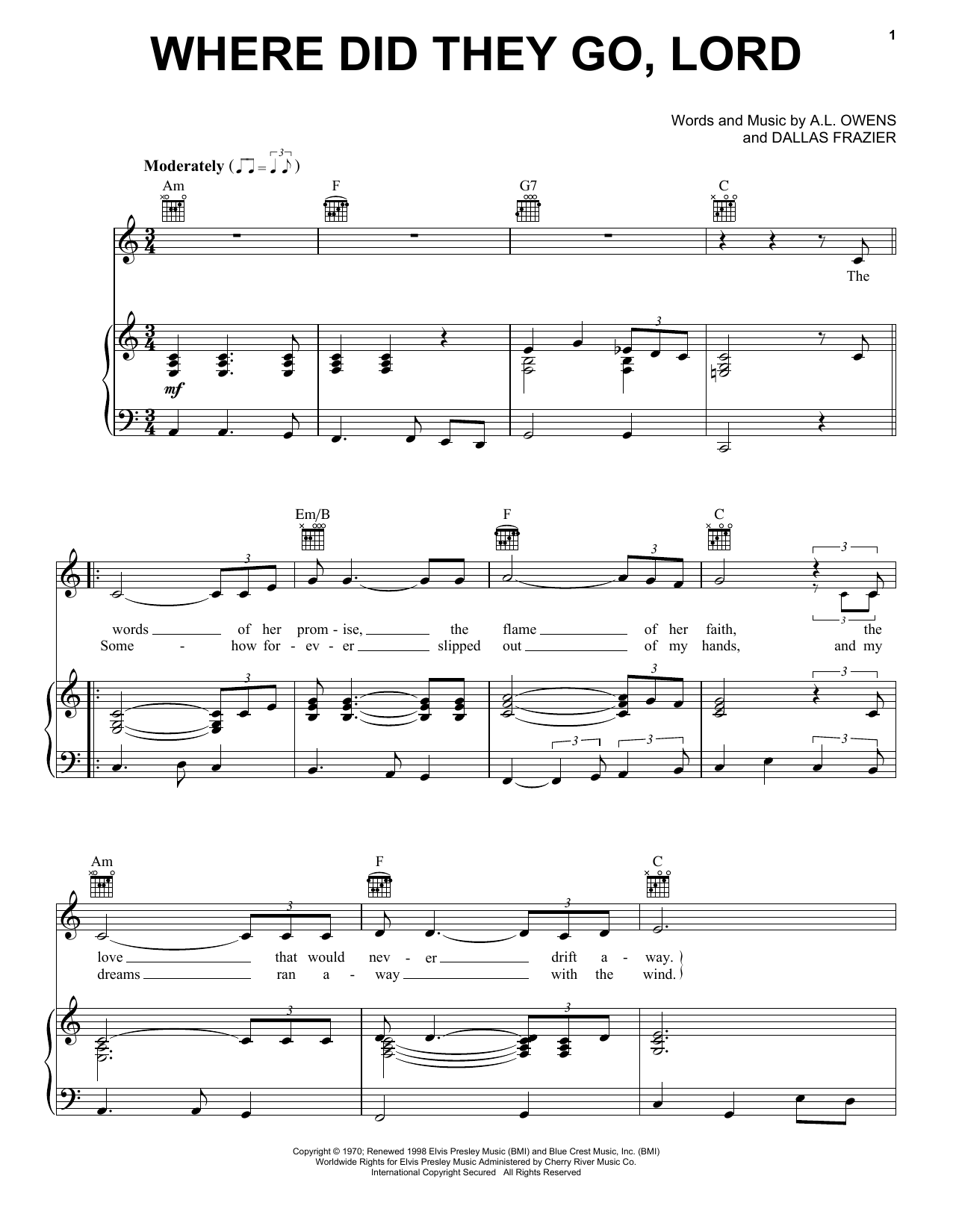 Download Elvis Presley Where Did They Go, Lord Sheet Music and learn how to play Piano, Vocal & Guitar Chords (Right-Hand Melody) PDF digital score in minutes