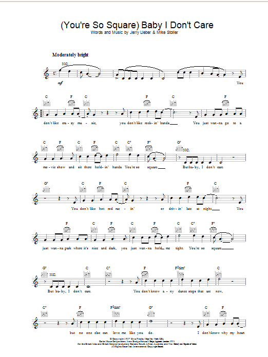 Download Elvis Presley (You're So Square) Baby, I Don't Care Sheet Music and learn how to play Piano, Vocal & Guitar Chords (Right-Hand Melody) PDF digital score in minutes