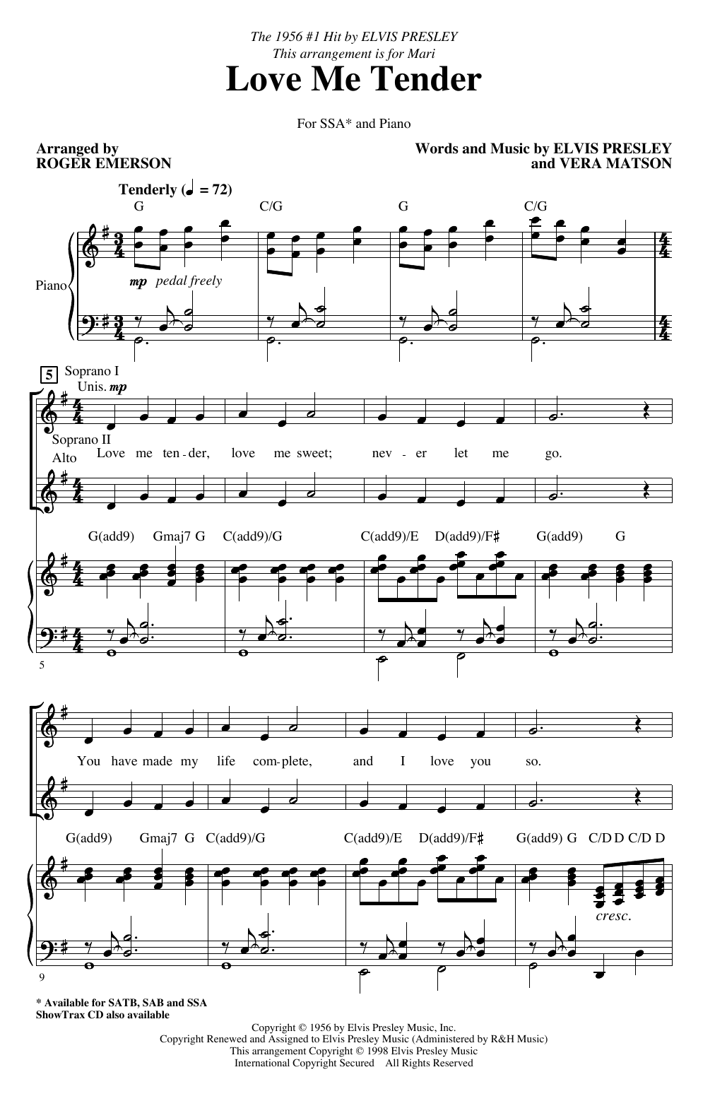 Elvis Presley Love Me Tender arr Roger Emerson Sheet Music Notes 