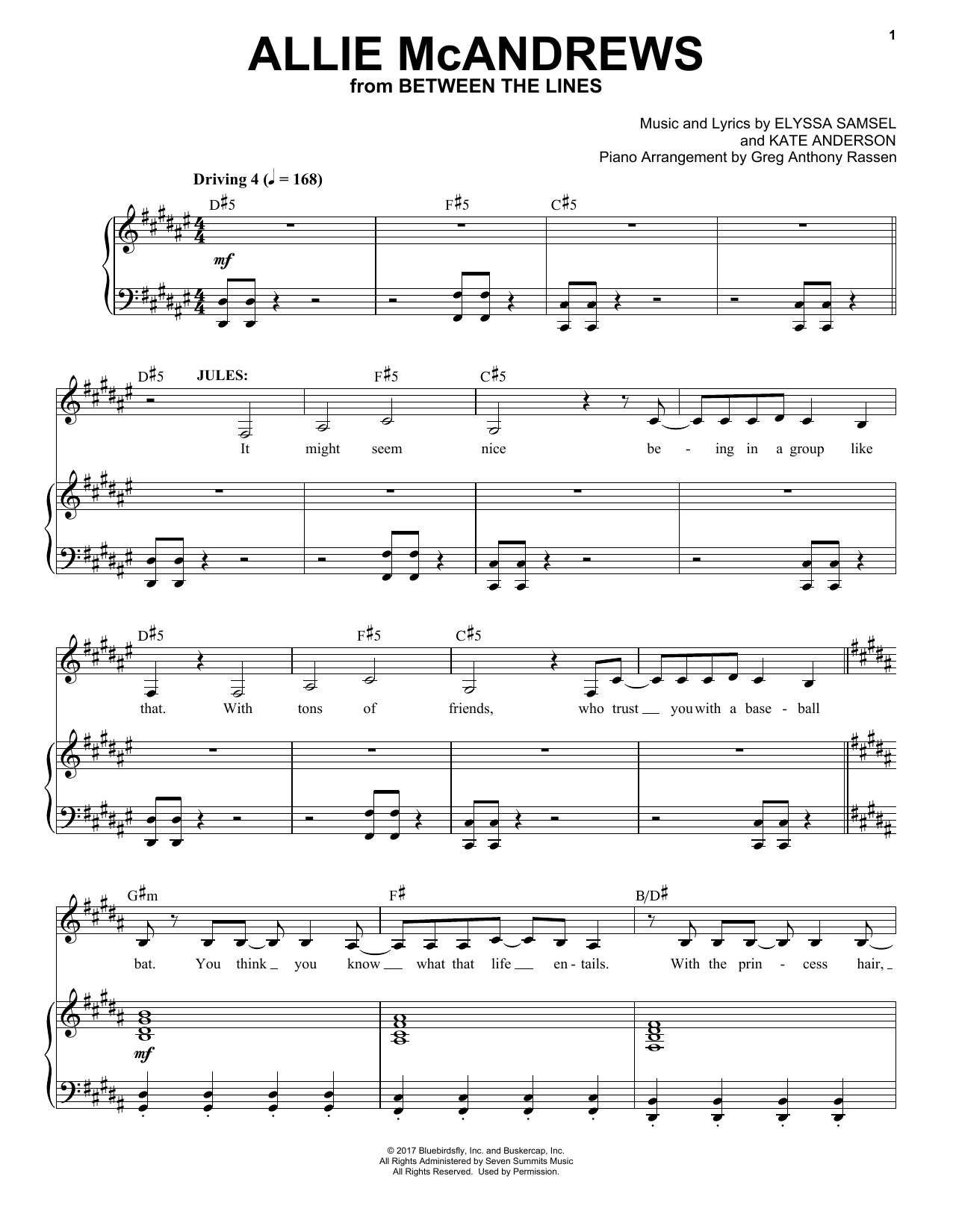 Download Elyssa Samsel & Kate Anderson Allie McAndrews (from Between The Lines) Sheet Music and learn how to play Piano & Vocal PDF digital score in minutes