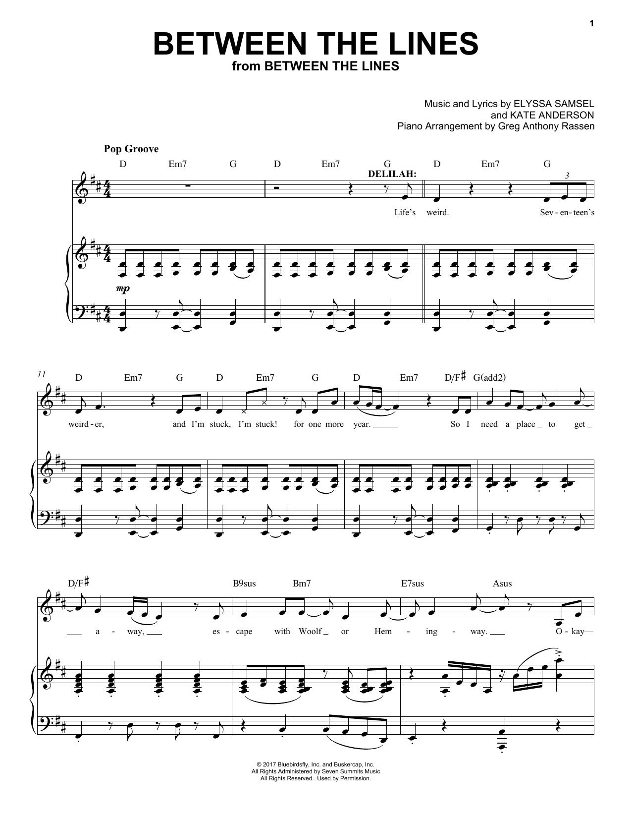 Download Elyssa Samsel & Kate Anderson Between The Lines (from Between The Lines) Sheet Music and learn how to play Piano & Vocal PDF digital score in minutes