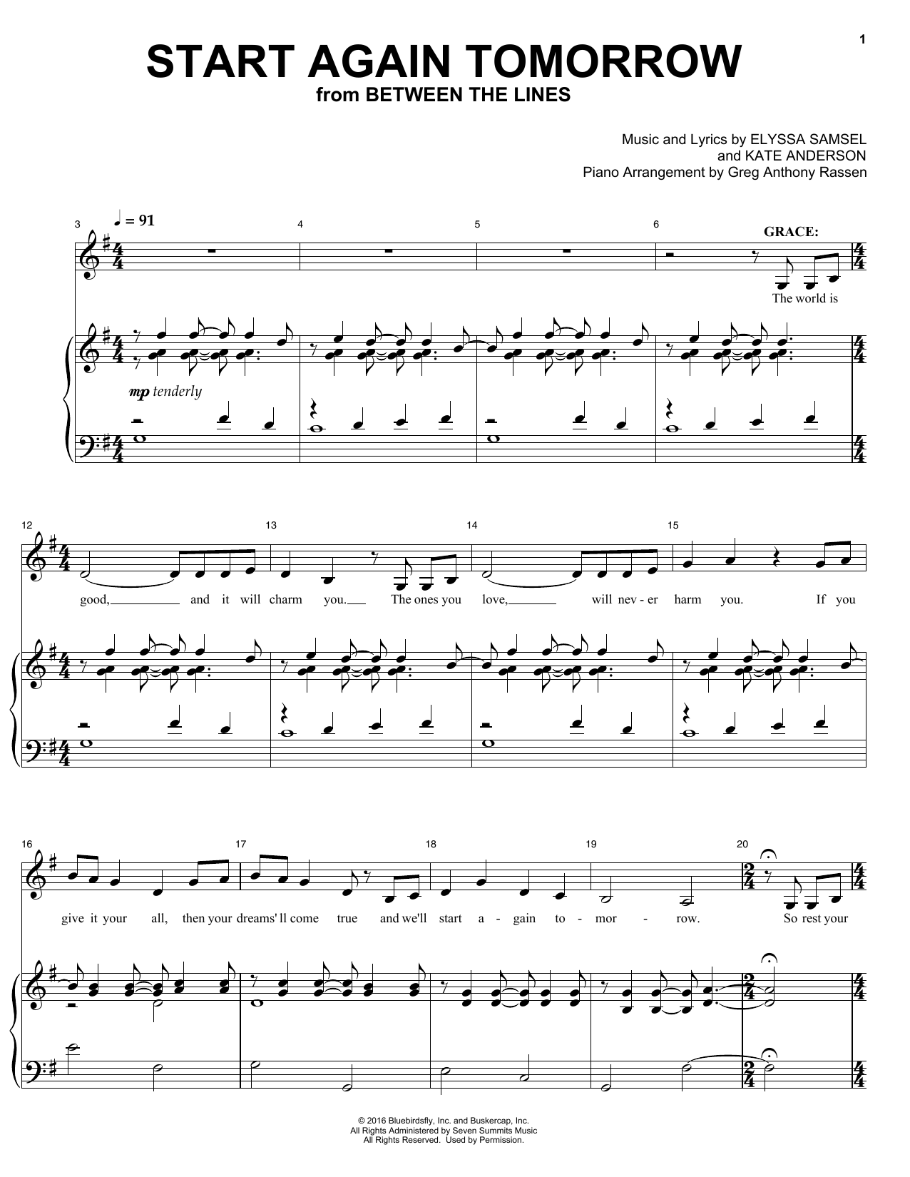 Download Elyssa Samsel & Kate Anderson Start Again Tomorrow (from Between The Lines) Sheet Music and learn how to play Piano & Vocal PDF digital score in minutes