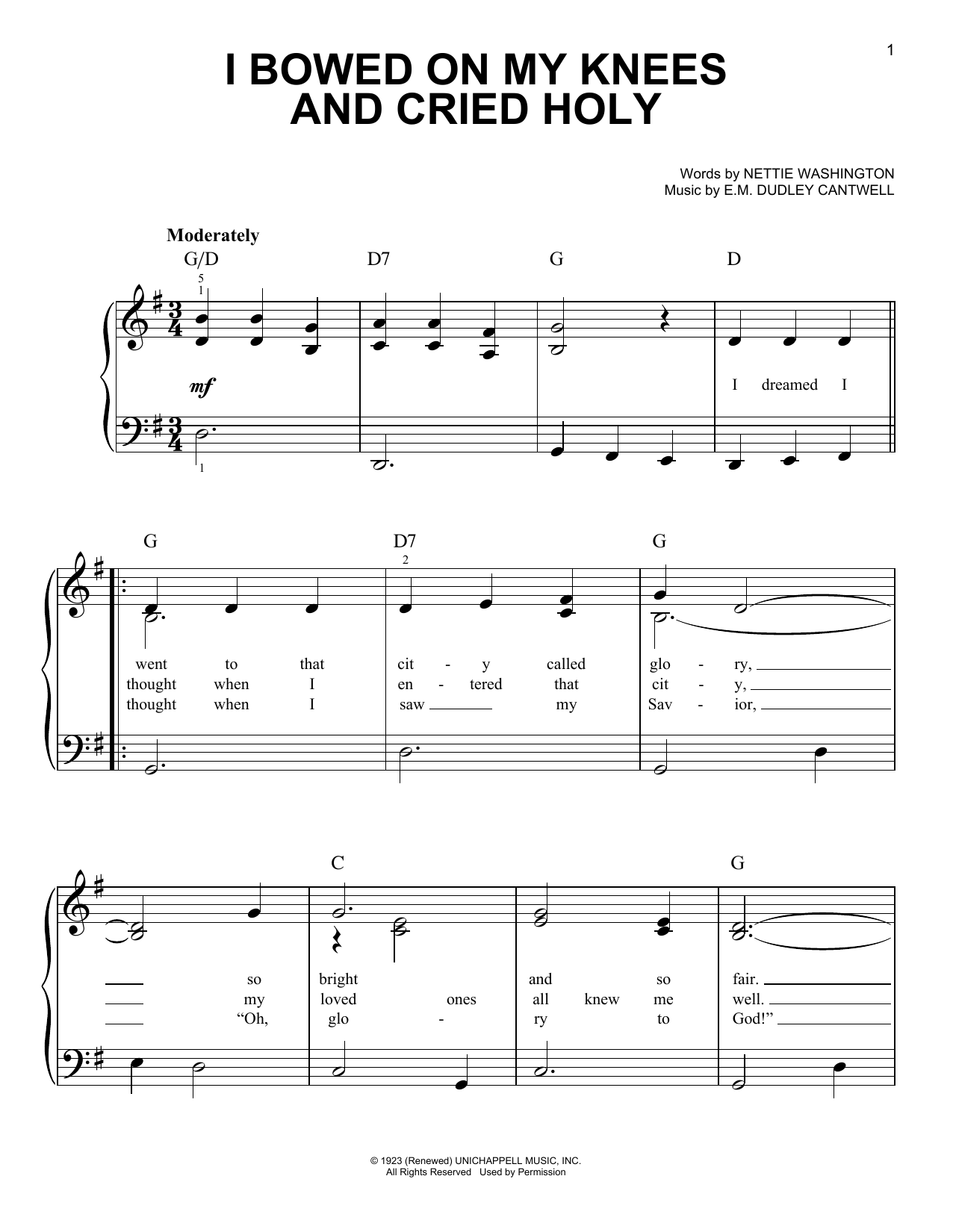 Download E.M. Dudley Cantwell I Bowed On My Knees And Cried Holy Sheet Music and learn how to play Easy Piano PDF digital score in minutes