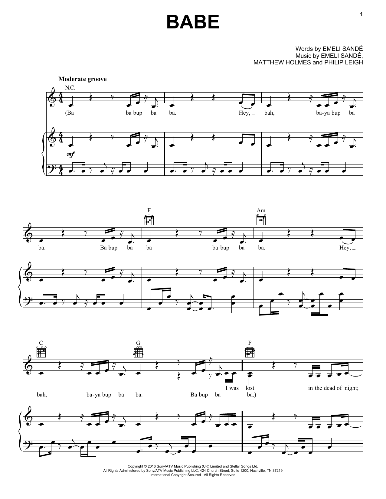 Download Emeli Sande Babe Sheet Music and learn how to play Piano, Vocal & Guitar (Right-Hand Melody) PDF digital score in minutes