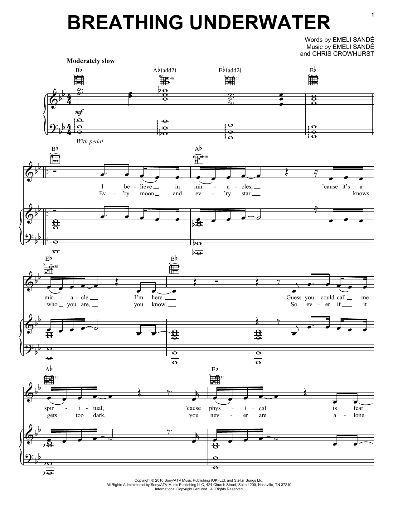 Download Emeli Sande Breathing Underwater Sheet Music and learn how to play Piano, Vocal & Guitar (Right-Hand Melody) PDF digital score in minutes
