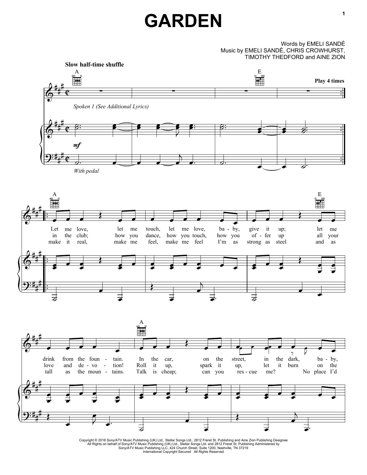 Download Emeli Sande Garden (feat. Jay Electronica & Aine Zion) Sheet Music and learn how to play Piano, Vocal & Guitar (Right-Hand Melody) PDF digital score in minutes