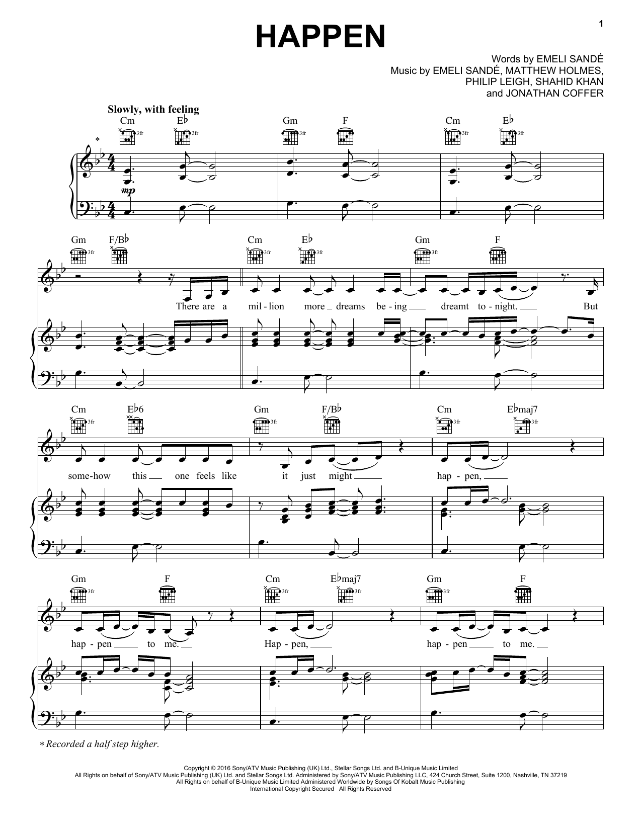 Download Emeli Sande Happen Sheet Music and learn how to play Piano, Vocal & Guitar (Right-Hand Melody) PDF digital score in minutes