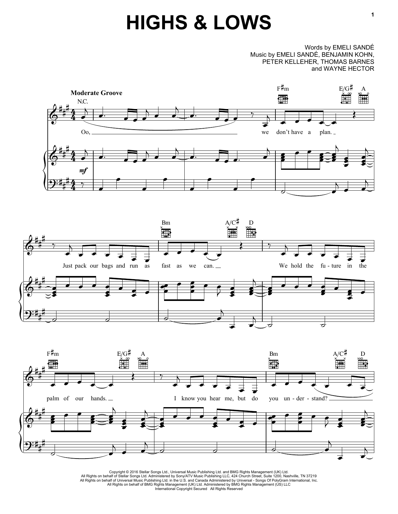 Download Emeli Sande Highs & Lows Sheet Music and learn how to play Piano, Vocal & Guitar (Right-Hand Melody) PDF digital score in minutes