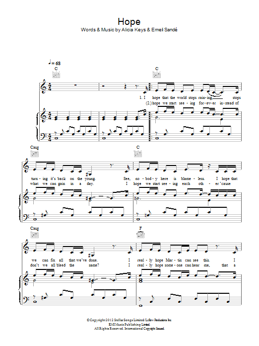 Download Emeli Sandé Hope Sheet Music and learn how to play Piano, Vocal & Guitar (Right-Hand Melody) PDF digital score in minutes
