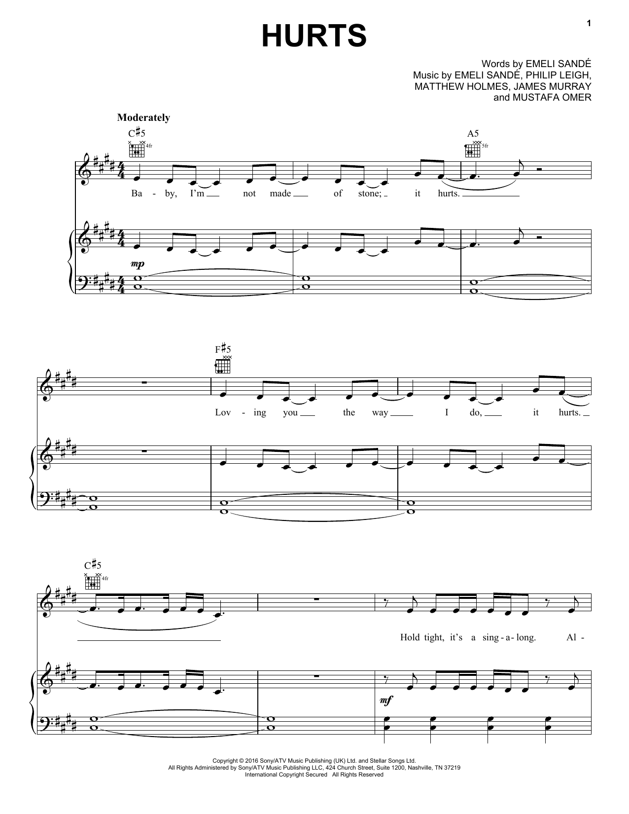 Download Emeli Sande Hurts Sheet Music and learn how to play Piano, Vocal & Guitar (Right-Hand Melody) PDF digital score in minutes