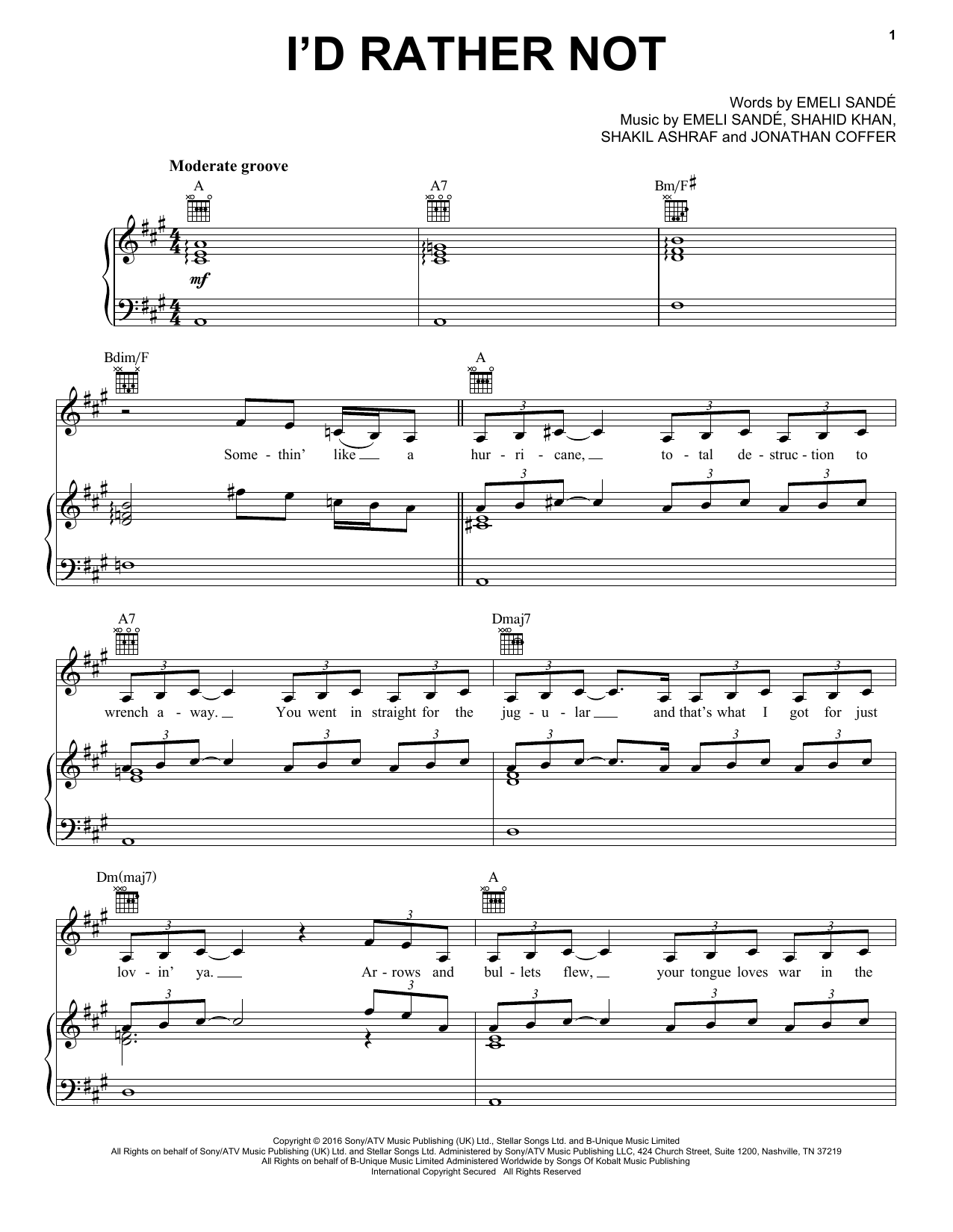 Download Emeli Sande I'd Rather Not Sheet Music and learn how to play Piano, Vocal & Guitar (Right-Hand Melody) PDF digital score in minutes
