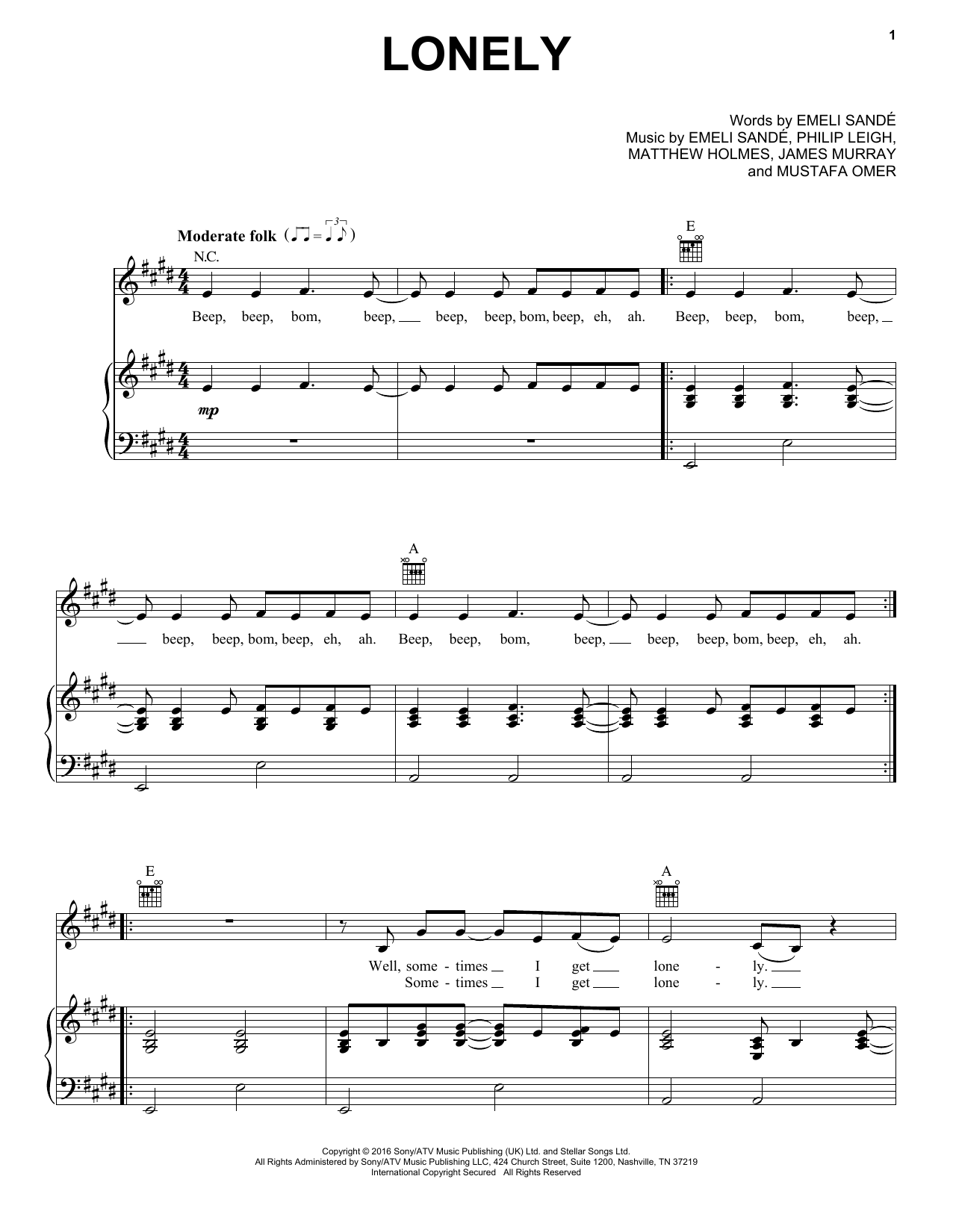 Download Emeli Sande Lonely Sheet Music and learn how to play Piano, Vocal & Guitar (Right-Hand Melody) PDF digital score in minutes