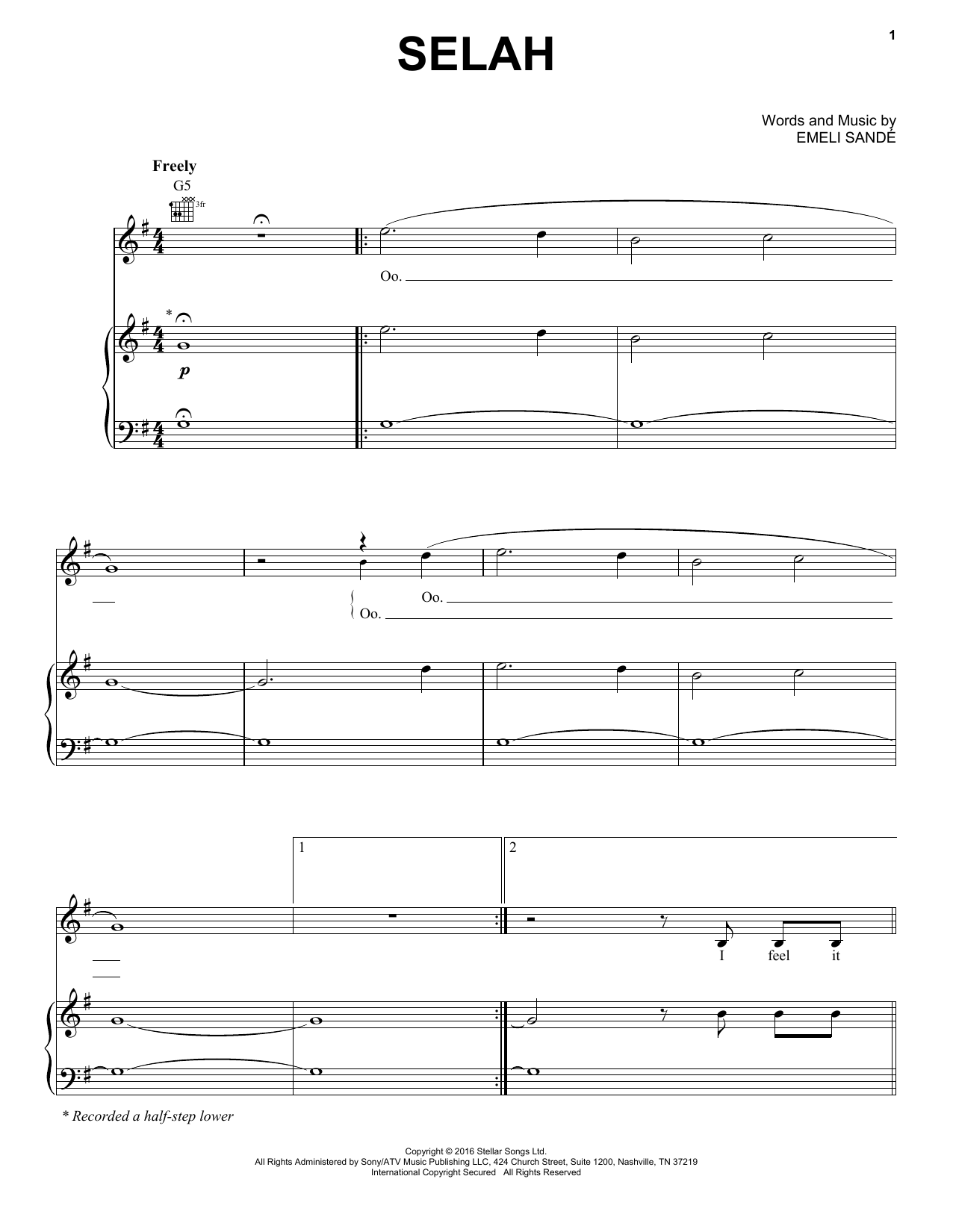 Download Emeli Sande Selah Sheet Music and learn how to play Piano, Vocal & Guitar (Right-Hand Melody) PDF digital score in minutes