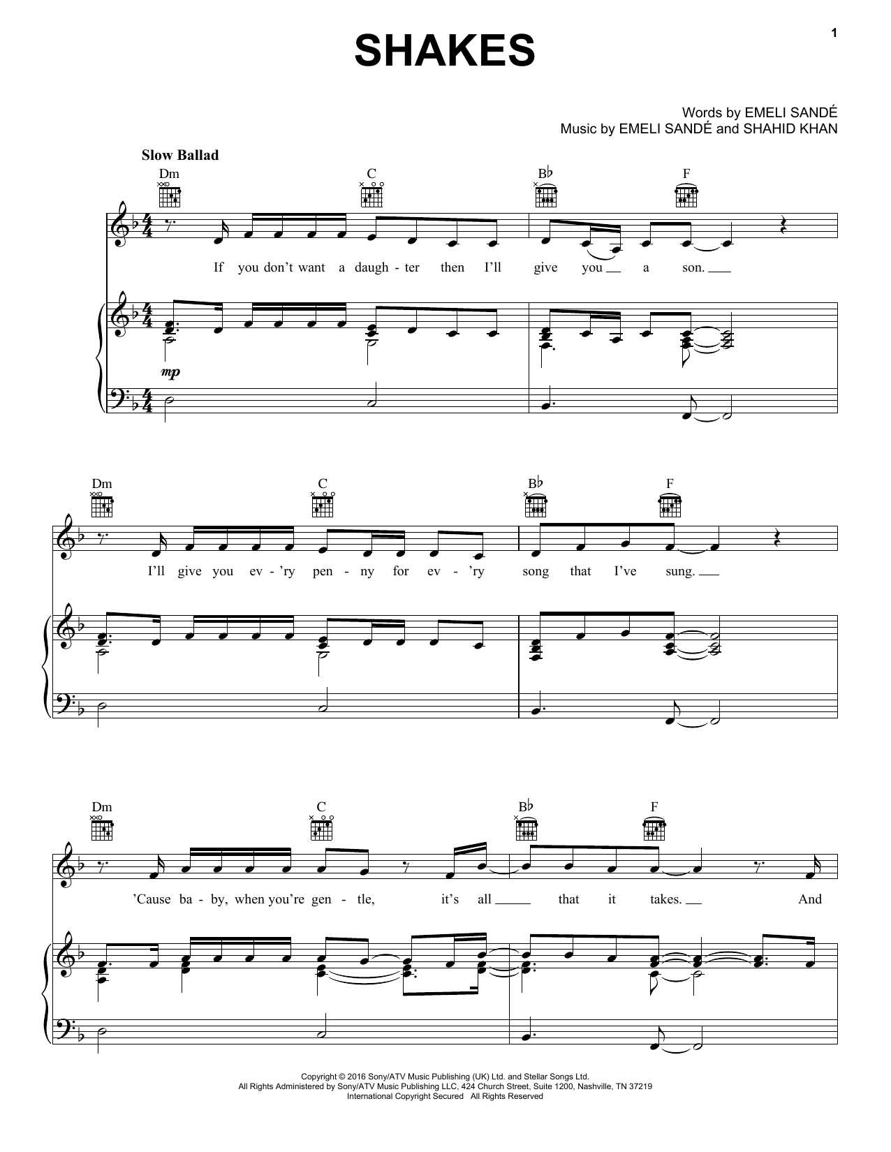 Download Emeli Sande Shakes Sheet Music and learn how to play Piano, Vocal & Guitar (Right-Hand Melody) PDF digital score in minutes