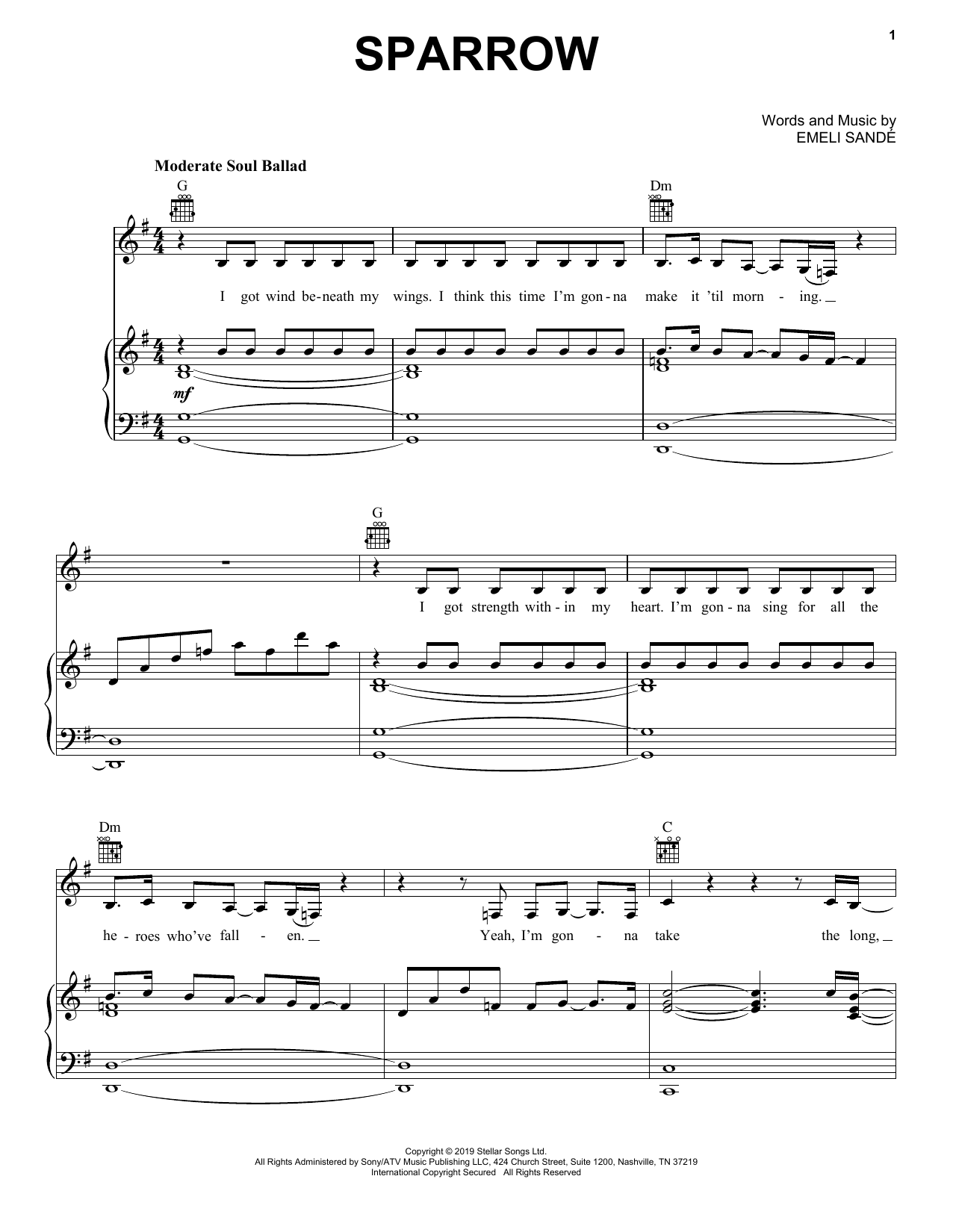 Download Emeli Sande Sparrow Sheet Music and learn how to play Piano, Vocal & Guitar Chords (Right-Hand Melody) PDF digital score in minutes