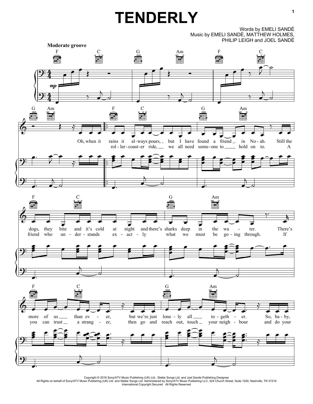 Download Emeli Sande Tenderly Sheet Music and learn how to play Piano, Vocal & Guitar (Right-Hand Melody) PDF digital score in minutes