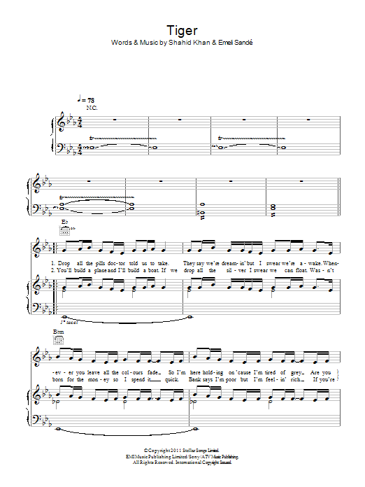 Download Emeli Sande Tiger Sheet Music and learn how to play Piano, Vocal & Guitar Chords PDF digital score in minutes