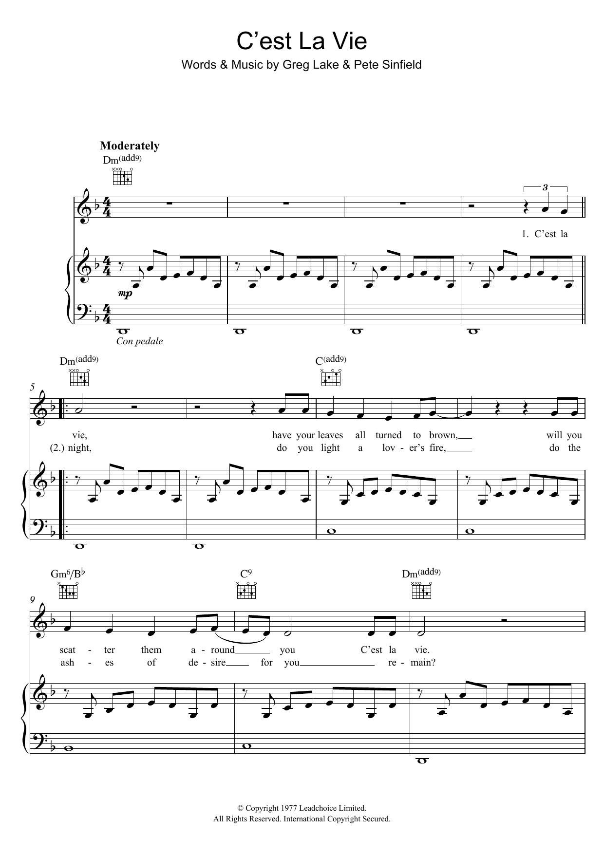 Download Emerson, Lake & Palmer C'est La Vie Sheet Music and learn how to play Piano, Vocal & Guitar (Right-Hand Melody) PDF digital score in minutes