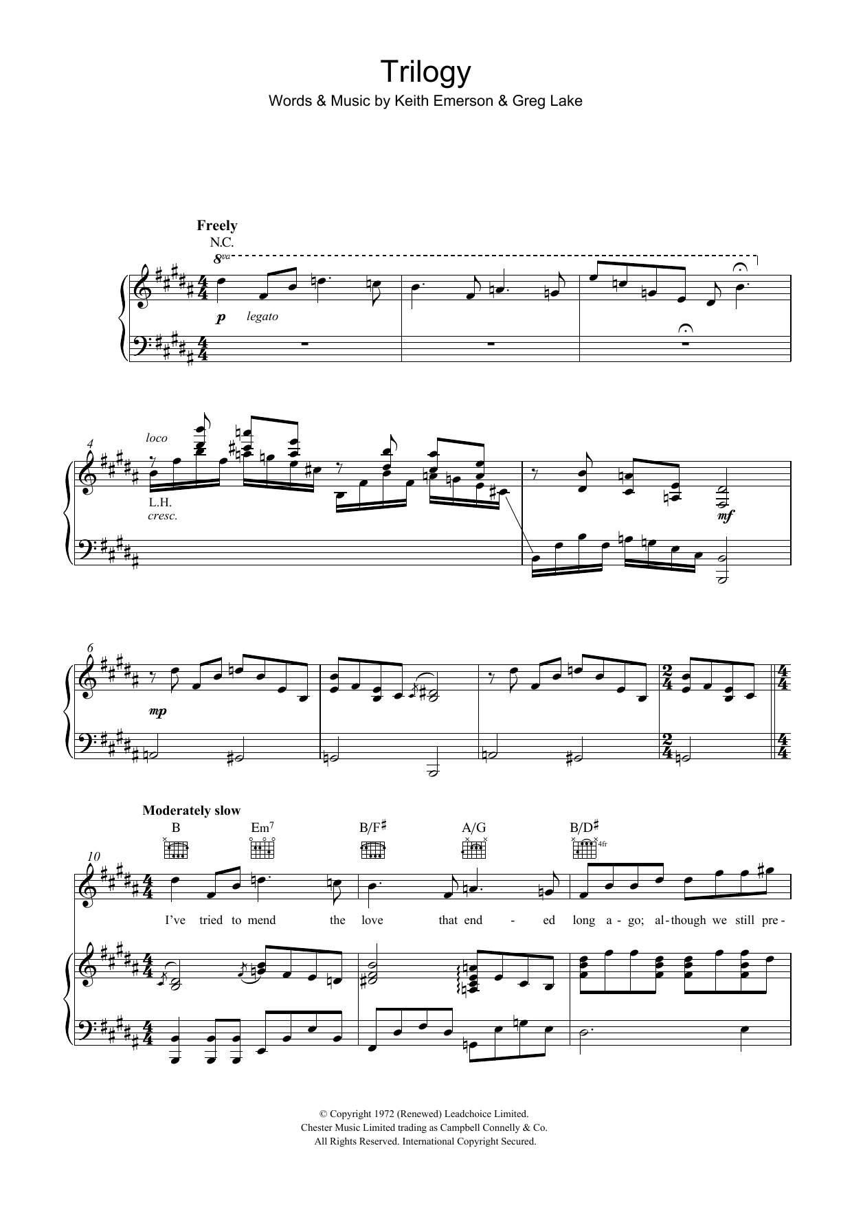 Download Emerson, Lake & Palmer Trilogy Sheet Music and learn how to play Piano, Vocal & Guitar (Right-Hand Melody) PDF digital score in minutes