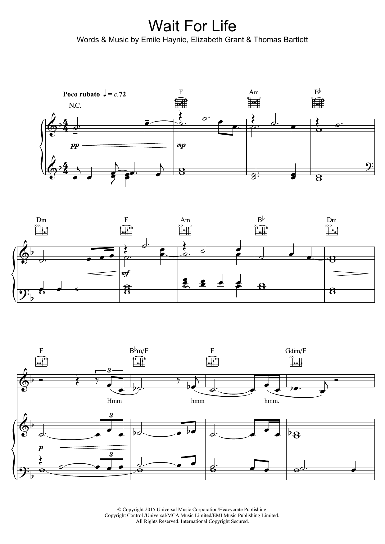Download Emile Haynie Wait For Life (feat. Lana Del Rey) Sheet Music and learn how to play Piano, Vocal & Guitar (Right-Hand Melody) PDF digital score in minutes
