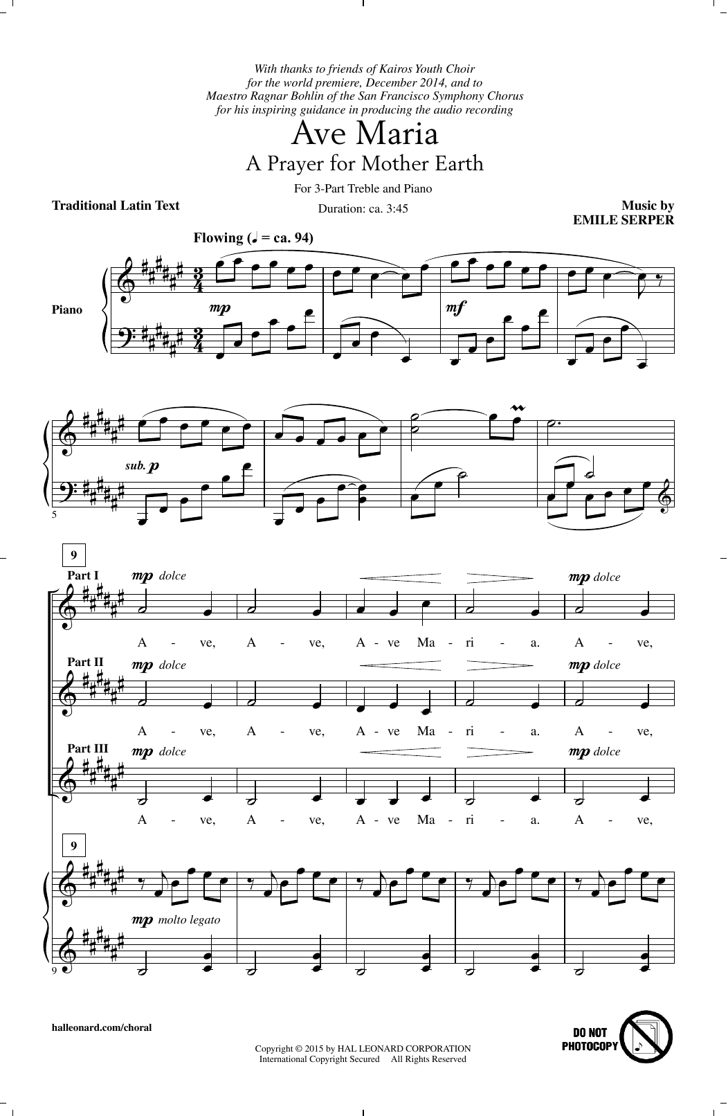 Download Emile Serper Ave Maria Sheet Music and learn how to play 3-Part Treble PDF digital score in minutes