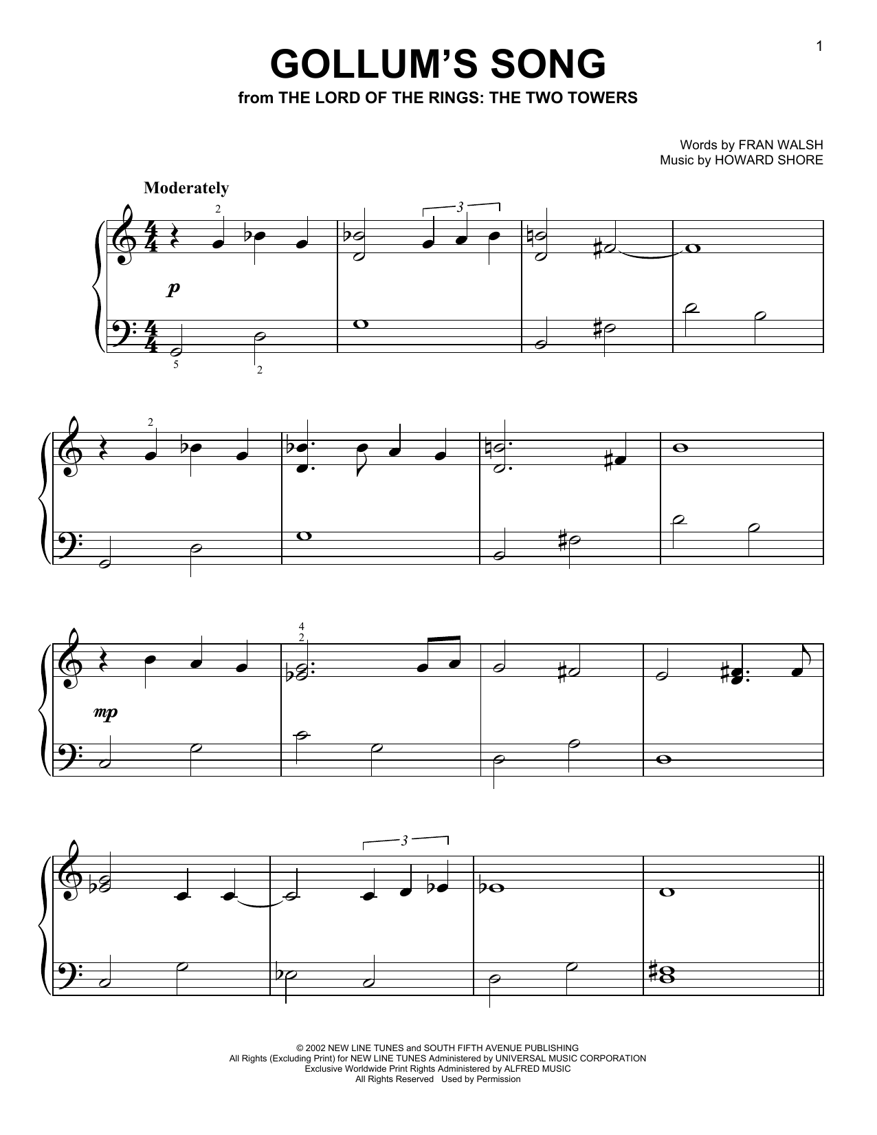 Download Emilíana Torrini Gollum's Song (from The Lord Of The Rings: The Two Towers) Sheet Music and learn how to play Easy Piano PDF digital score in minutes