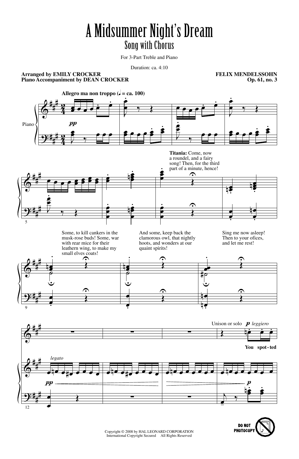 Download Felix Mendelssohn A Midsummer Night's Dream Overture, Excerpt (arr. Emily Crocker) Sheet Music and learn how to play 3-Part Treble PDF digital score in minutes
