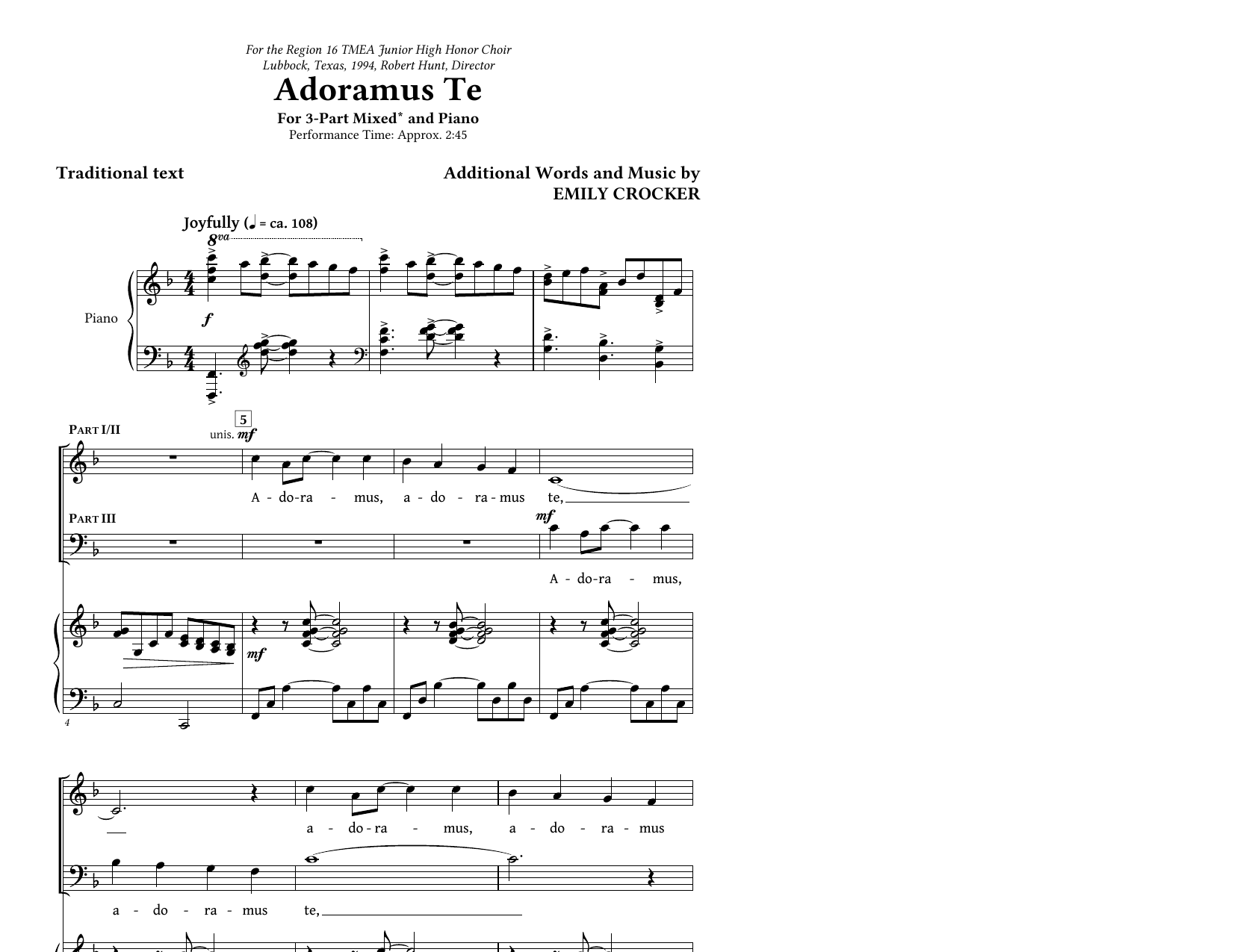 Download Emily Crocker Adoramus Te Sheet Music and learn how to play SATB Choir PDF digital score in minutes