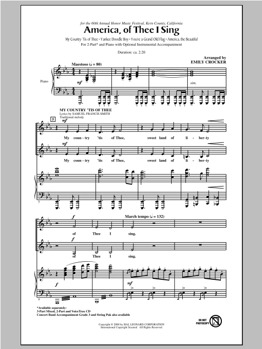 Download Emily Crocker America, Of Thee I Sing Sheet Music and learn how to play 2-Part Choir PDF digital score in minutes