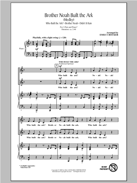 Download Emily Crocker Brother Noah Built The Ark Sheet Music and learn how to play 2-Part Choir PDF digital score in minutes