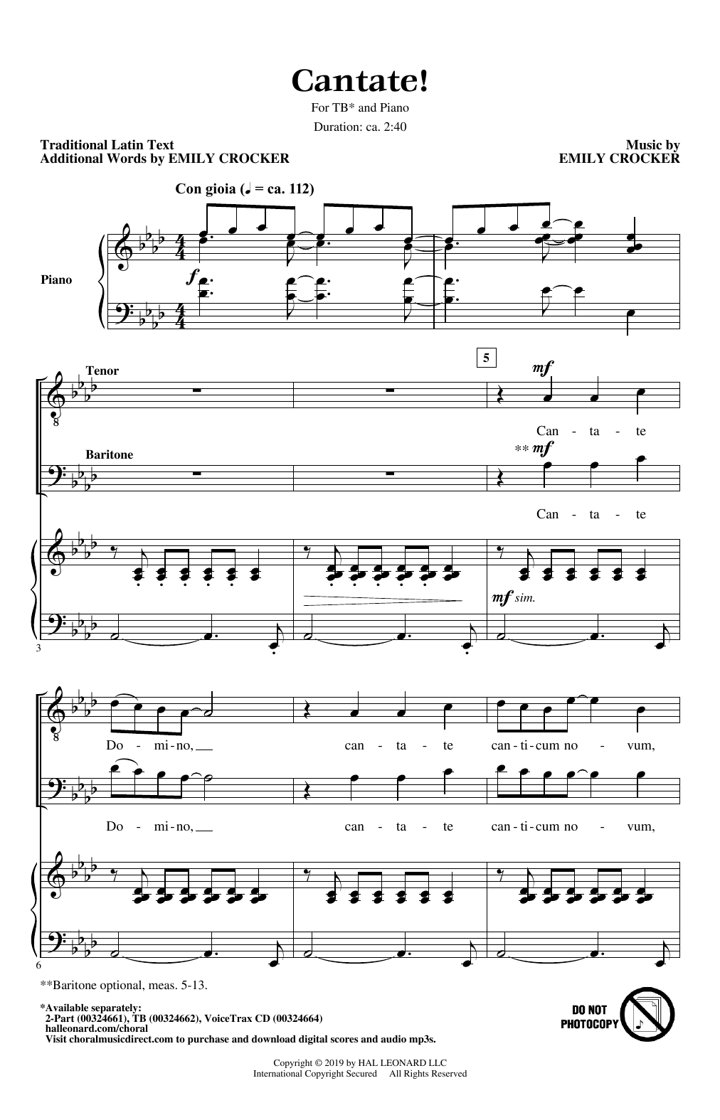 Download Emily Crocker Cantate! Sheet Music and learn how to play TB Choir PDF digital score in minutes