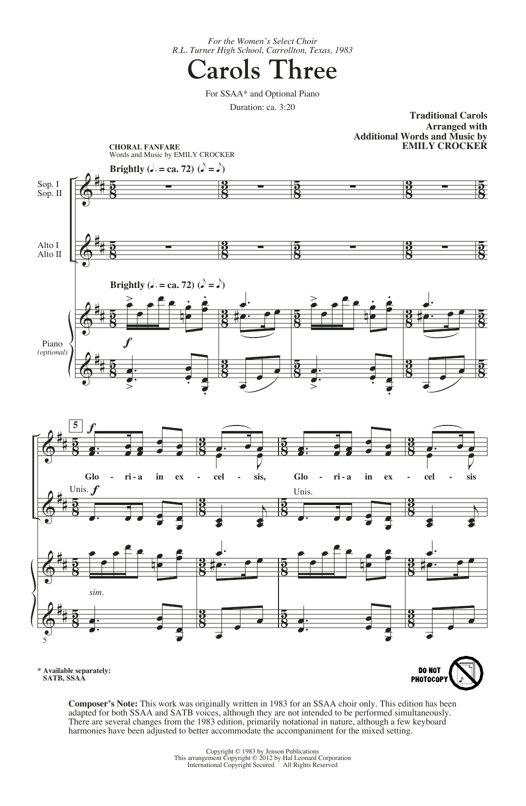 Download Emily Crocker Carols Three (Medley) Sheet Music and learn how to play SATB PDF digital score in minutes