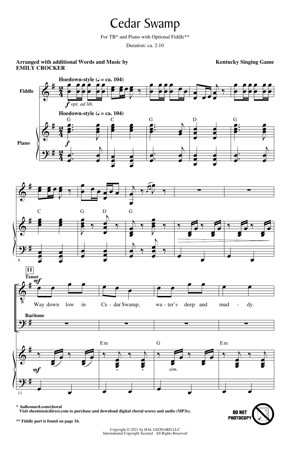 Download Emily Crocker Cedar Swamp Sheet Music and learn how to play TB Choir PDF digital score in minutes