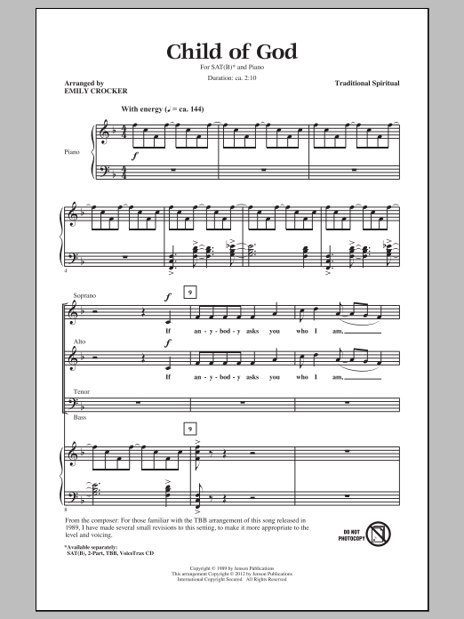 Download Traditional Spiritual Child Of God (arr. Emily Crocker) Sheet Music and learn how to play SATB PDF digital score in minutes