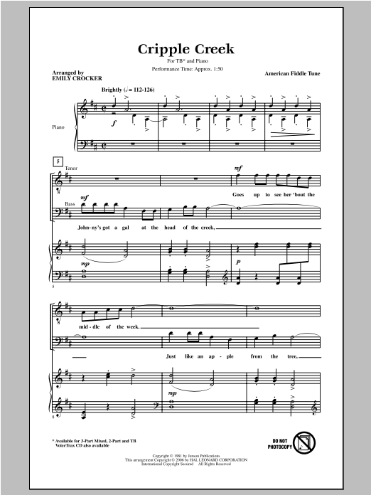 Download Emily Crocker Cripple Creek Sheet Music and learn how to play TB PDF digital score in minutes