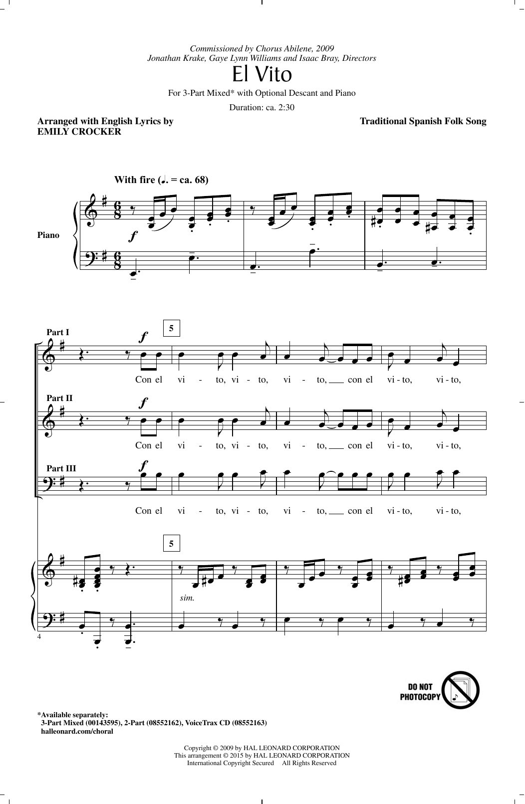 Download Traditional Spanish Folksong El Vito (arr. Emily Crocker) Sheet Music and learn how to play 3-Part Mixed PDF digital score in minutes