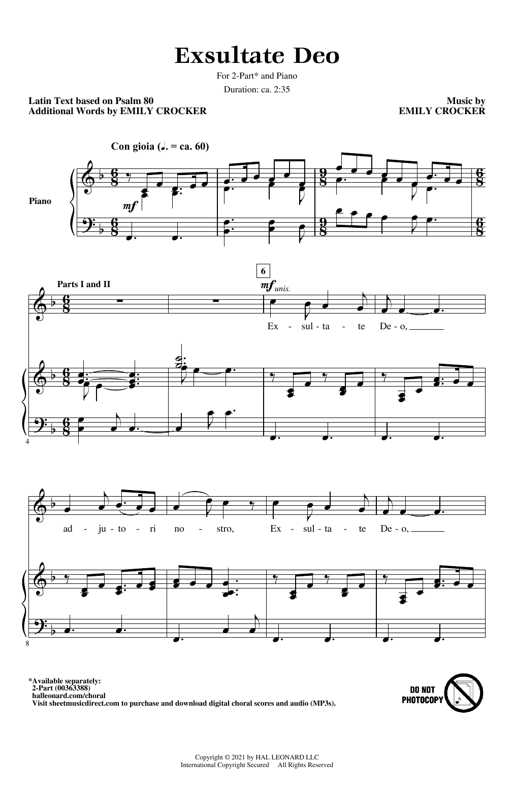 Download Emily Crocker Exsultate Deo Sheet Music and learn how to play 2-Part Choir PDF digital score in minutes