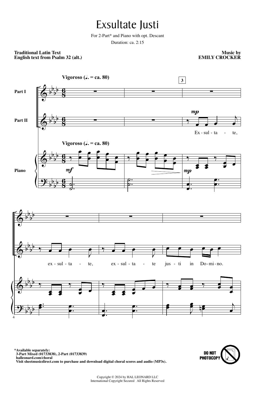 Download Emily Crocker Exsultate Justi Sheet Music and learn how to play 3-Part Mixed Choir PDF digital score in minutes