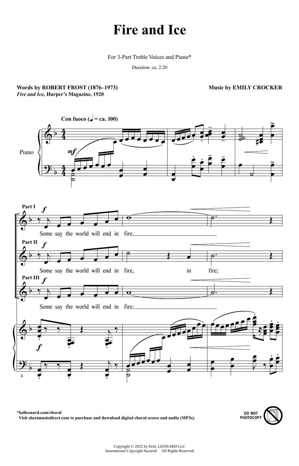 Download Emily Crocker Fire And Ice Sheet Music and learn how to play SSA Choir PDF digital score in minutes