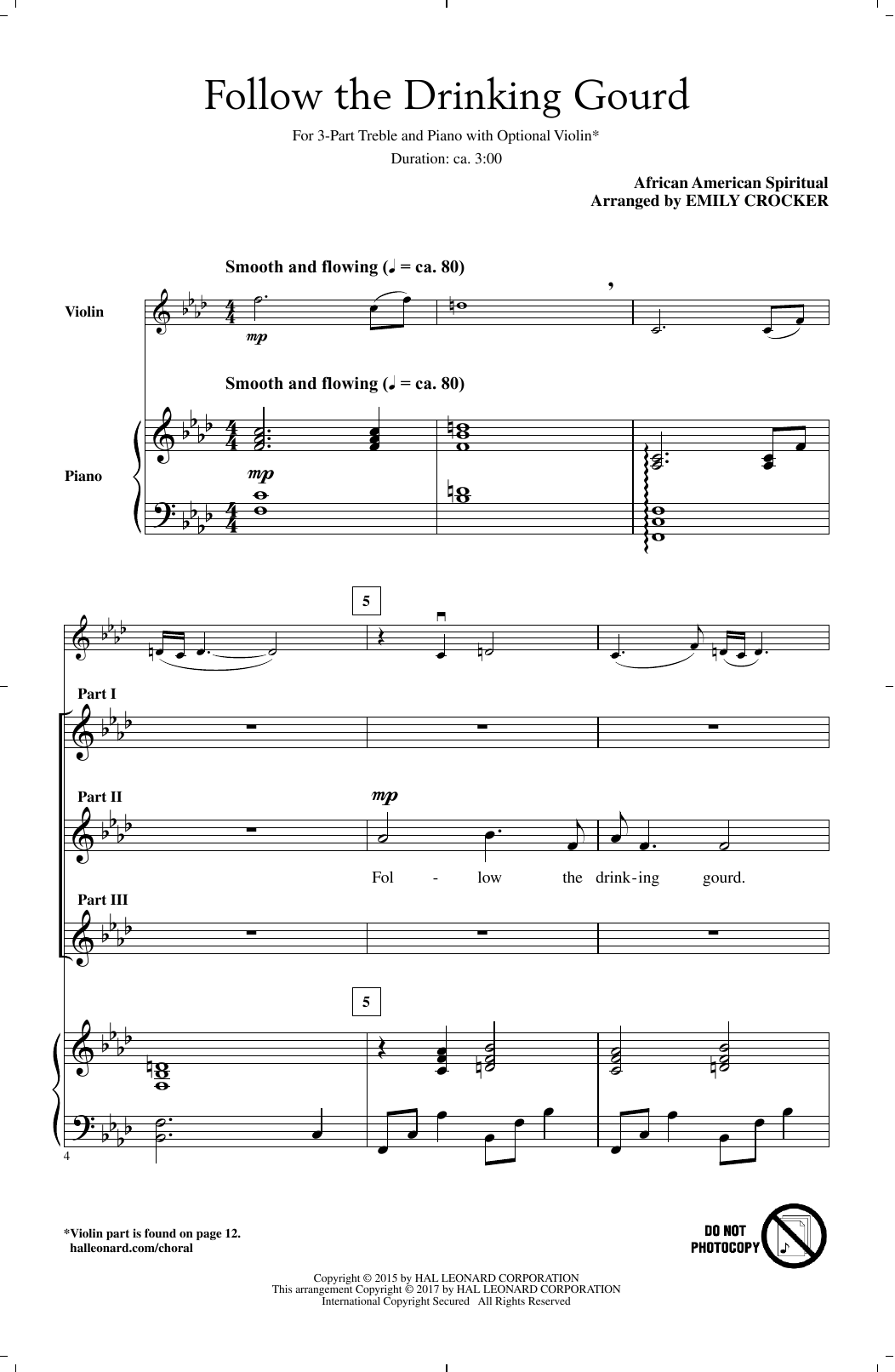 Download Emily Crocker Follow The Drinkin' Gourd Sheet Music and learn how to play 3-Part Treble PDF digital score in minutes