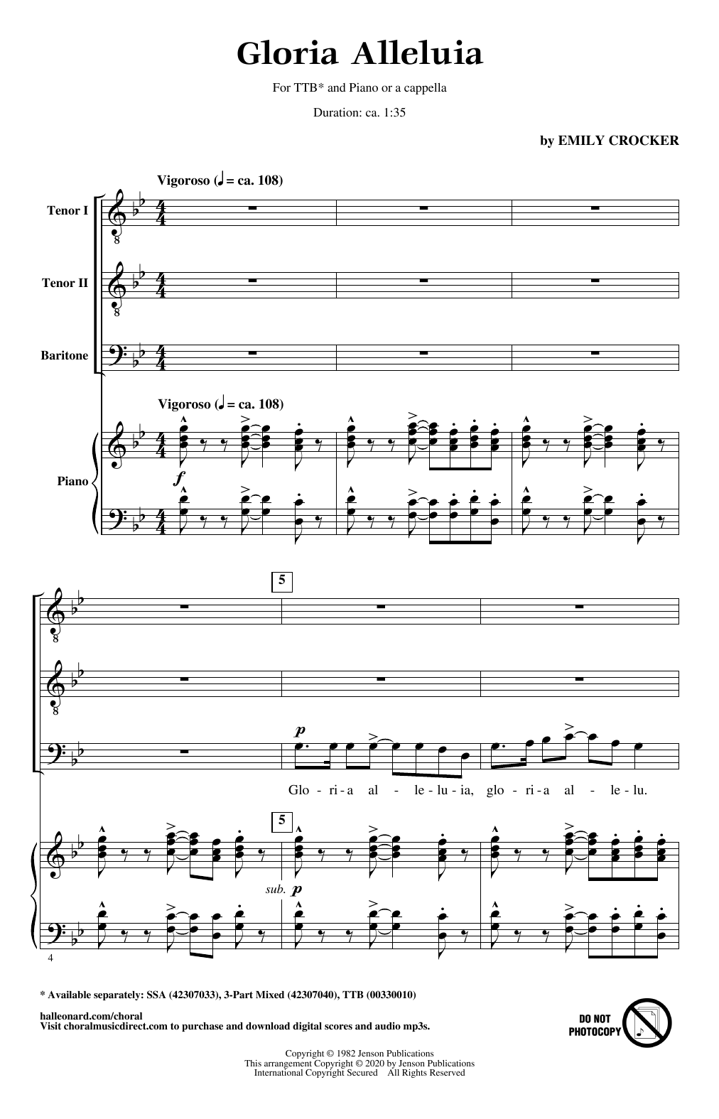Download Emily Crocker Gloria Alleluia Sheet Music and learn how to play TTBB Choir PDF digital score in minutes
