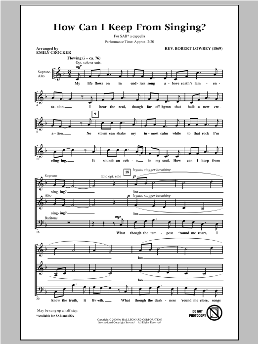 Download Robert Lowry How Can I Keep From Singing (arr. Emily Crocker) Sheet Music and learn how to play SAB PDF digital score in minutes