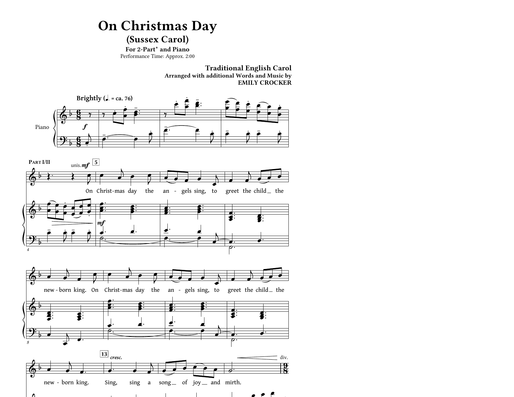 Download Emily Crocker On Christmas Day (Sussex Carol) Sheet Music and learn how to play 2-Part Choir PDF digital score in minutes