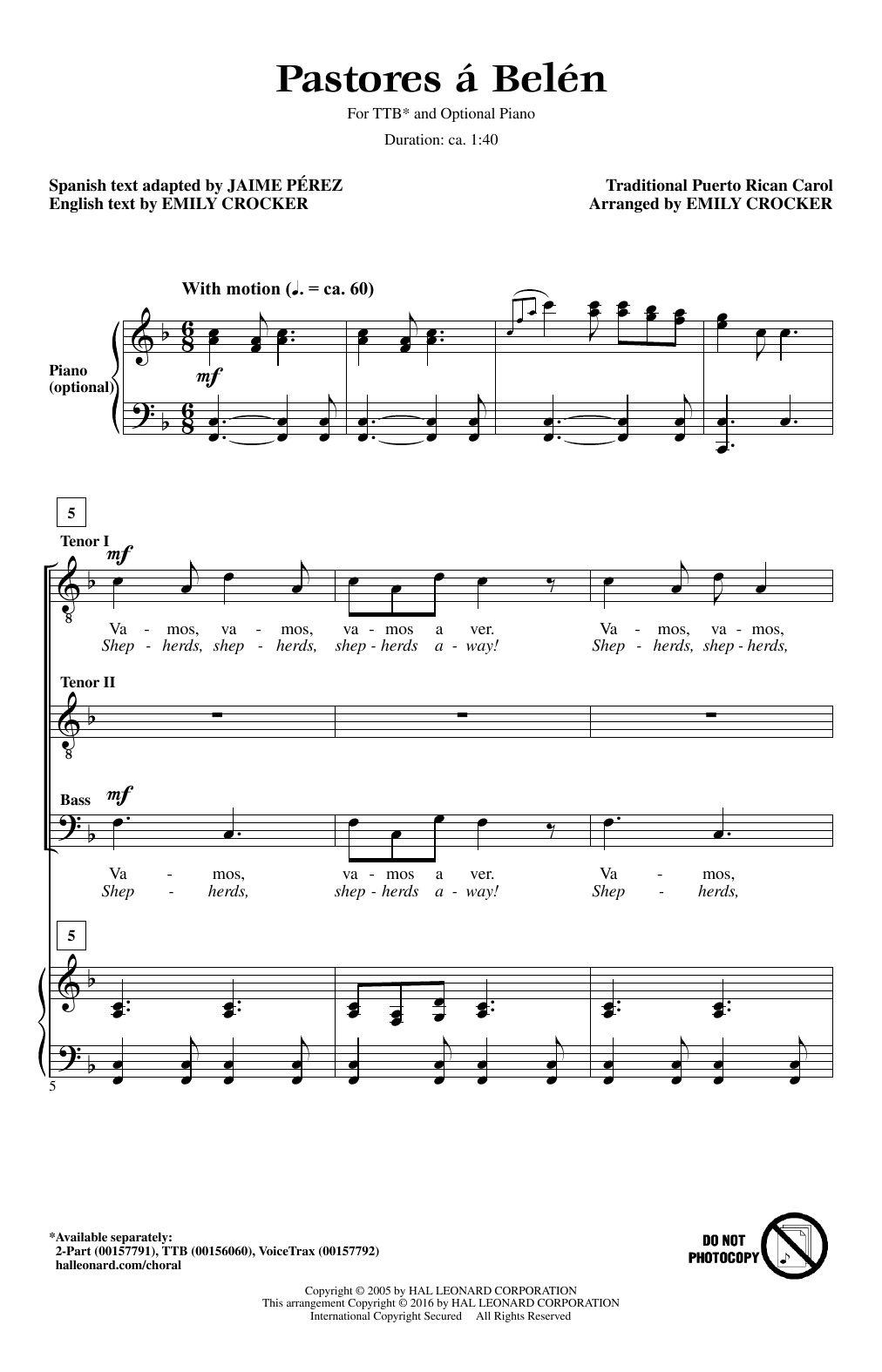 Download Emily Crocker Pastores A Belen Sheet Music and learn how to play TTBB PDF digital score in minutes