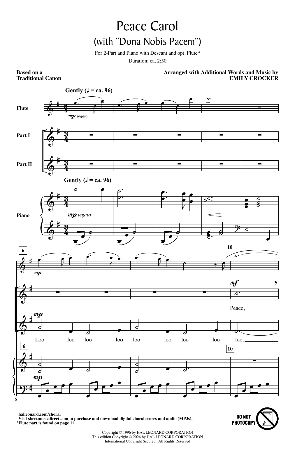 Download Emily Crocker Peace Carol (With Dona Nobis Pacem) Sheet Music and learn how to play 2-Part Choir PDF digital score in minutes