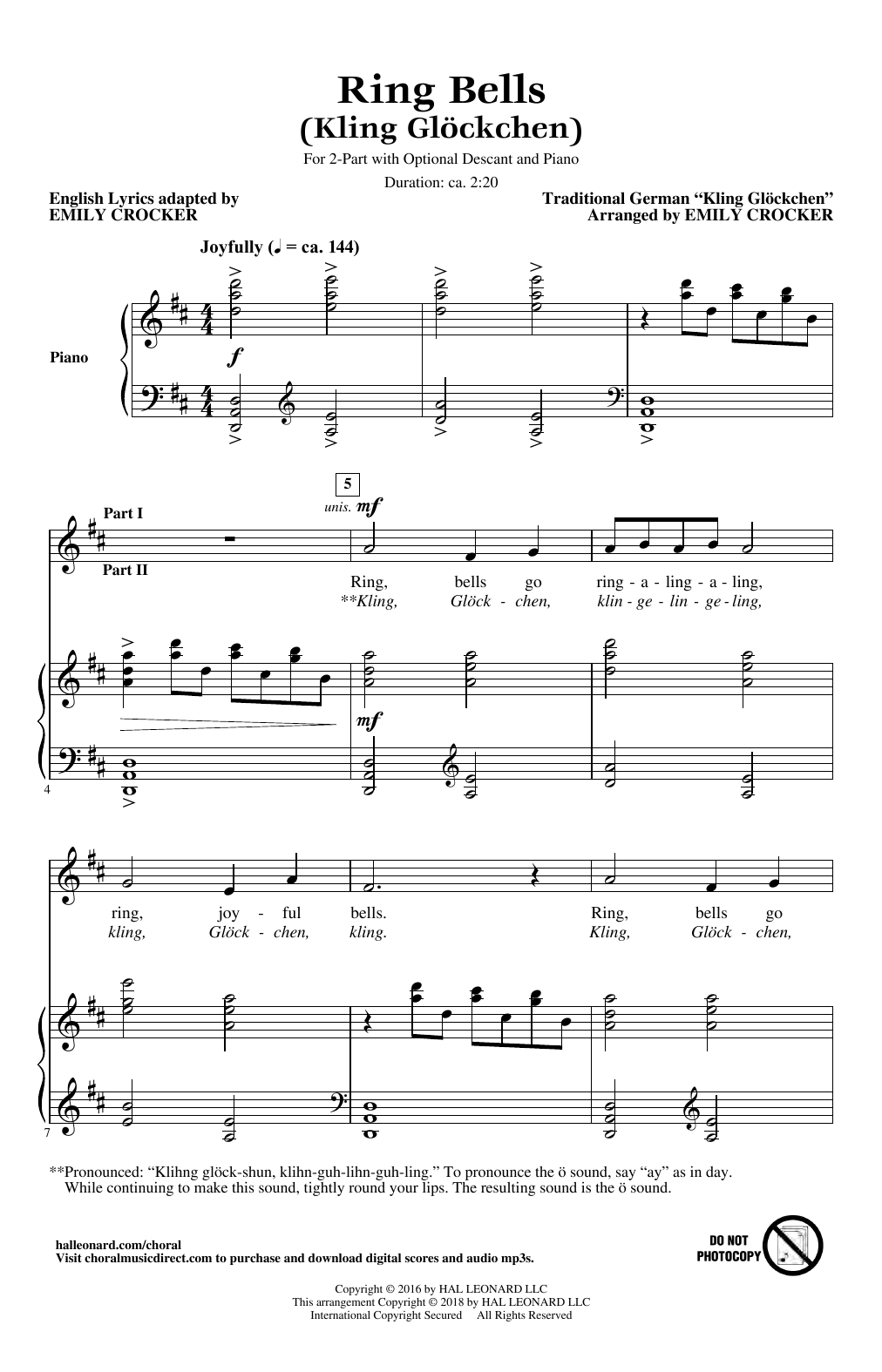 Download Emily Crocker Ring Bells (Kling Glockchen) Sheet Music and learn how to play 2-Part Choir PDF digital score in minutes