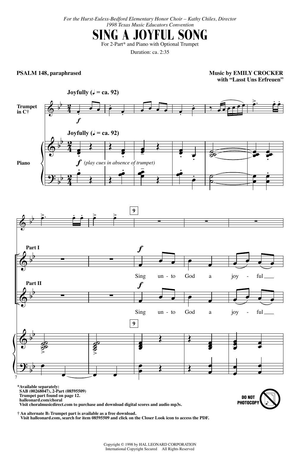 Download Emily Crocker Sing A Joyful Song Sheet Music and learn how to play Choral PDF digital score in minutes