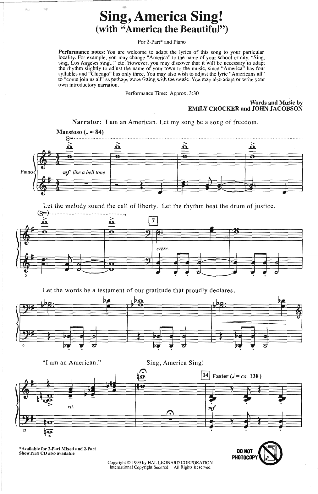 Download Emily Crocker Sing, America Sing! Sheet Music and learn how to play 2-Part Choir PDF digital score in minutes