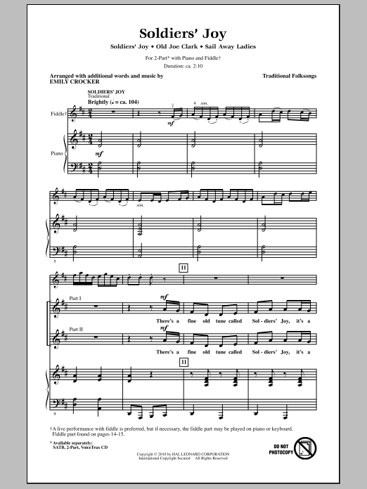 Download Emily Crocker Soldiers' Joy Sheet Music and learn how to play 2-Part Choir PDF digital score in minutes